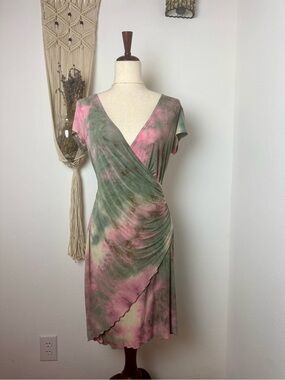Joseph Ribkoff Pink & Green Tie-Dye Wrap Midi Dress